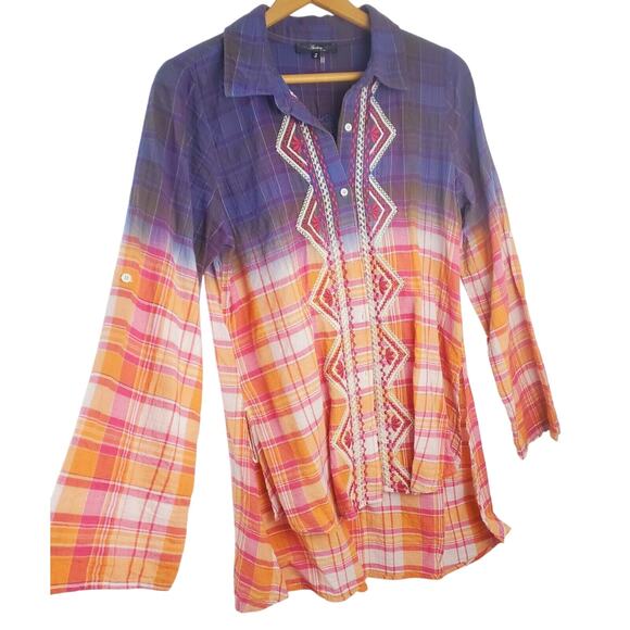 Andree By UNIT S Orange Floral Embroidered Button-Up Roll Tab Sleeve Plaid Tunic - Picture 1 of 12